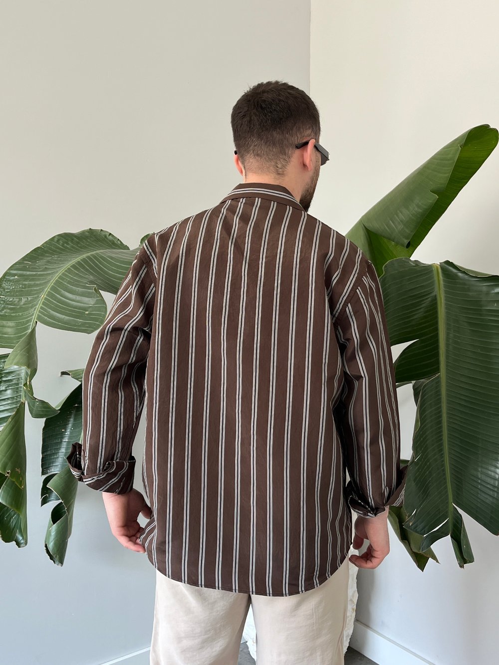 Apaş Yaka Çizgili Oversize Gömlek Kahverengi
