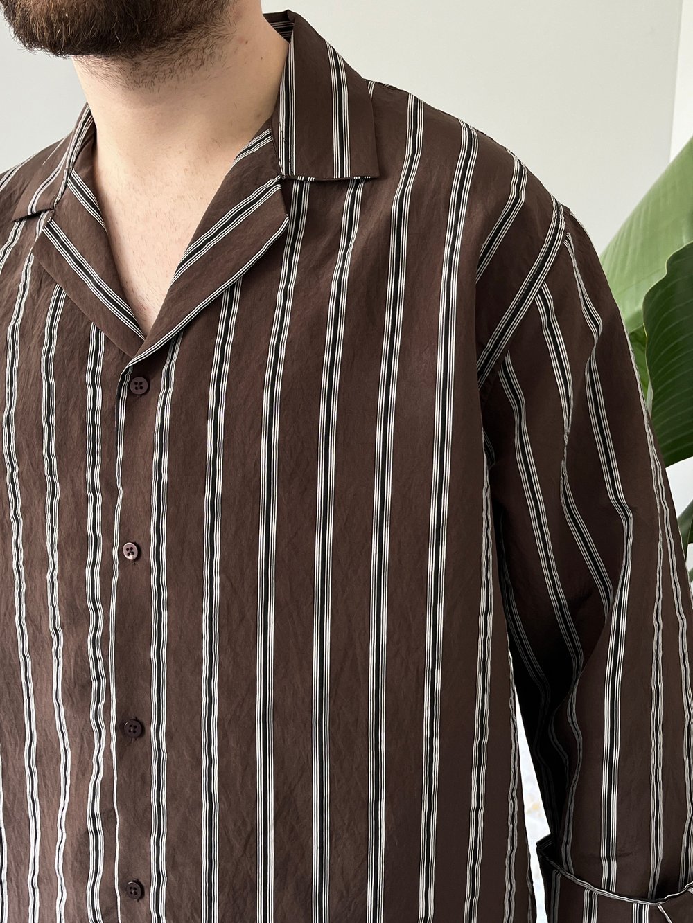 Apaş Yaka Çizgili Oversize Gömlek Kahverengi