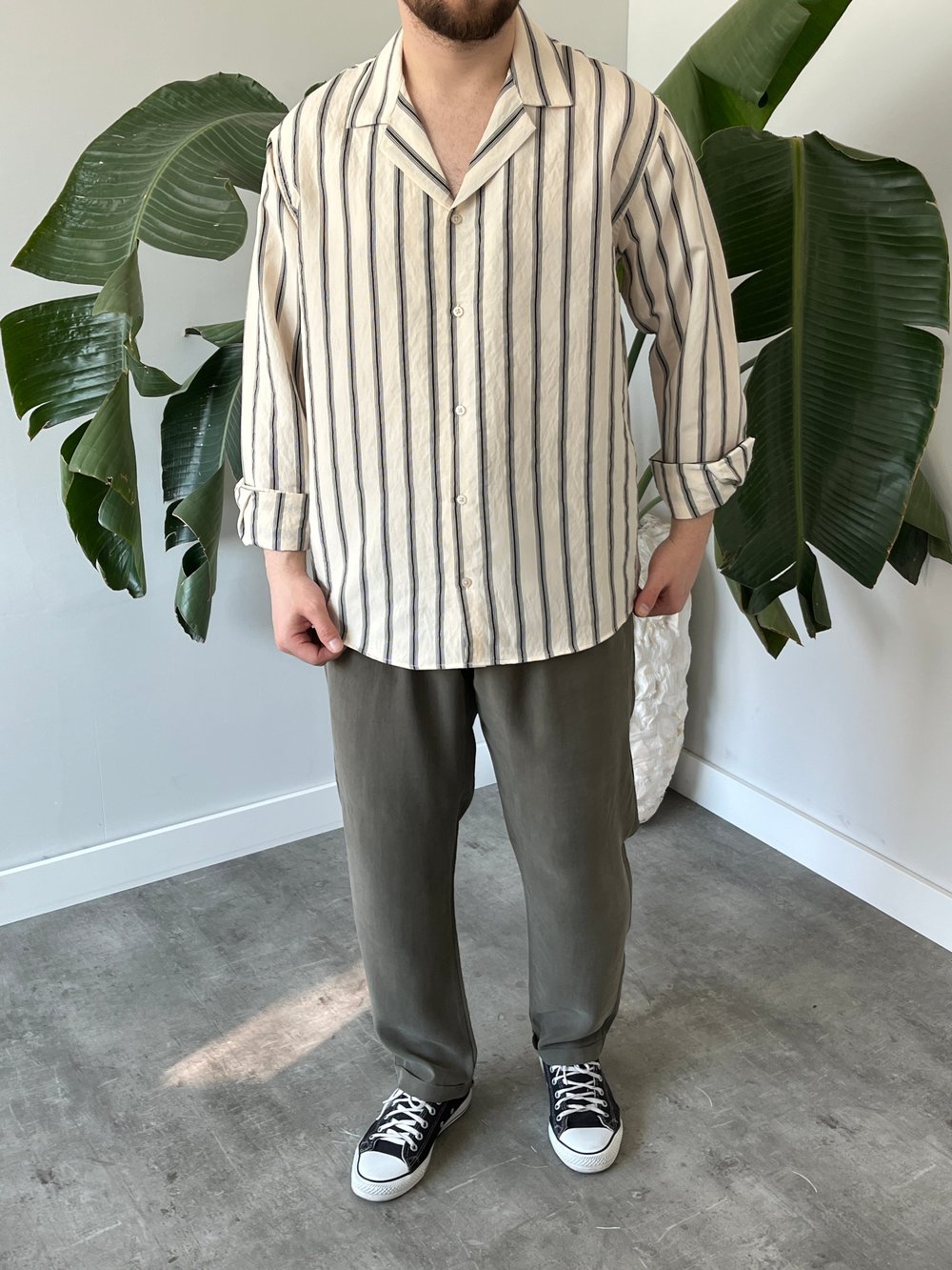 Apaş Yaka Çizgili Oversize Gömlek Krem 