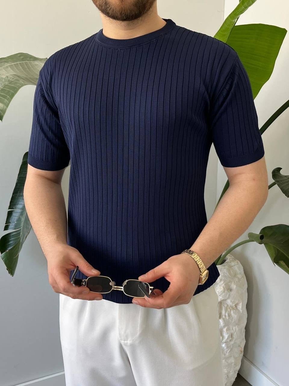 Bisiklet Yaka Fitilli Lacivert  Tişört 