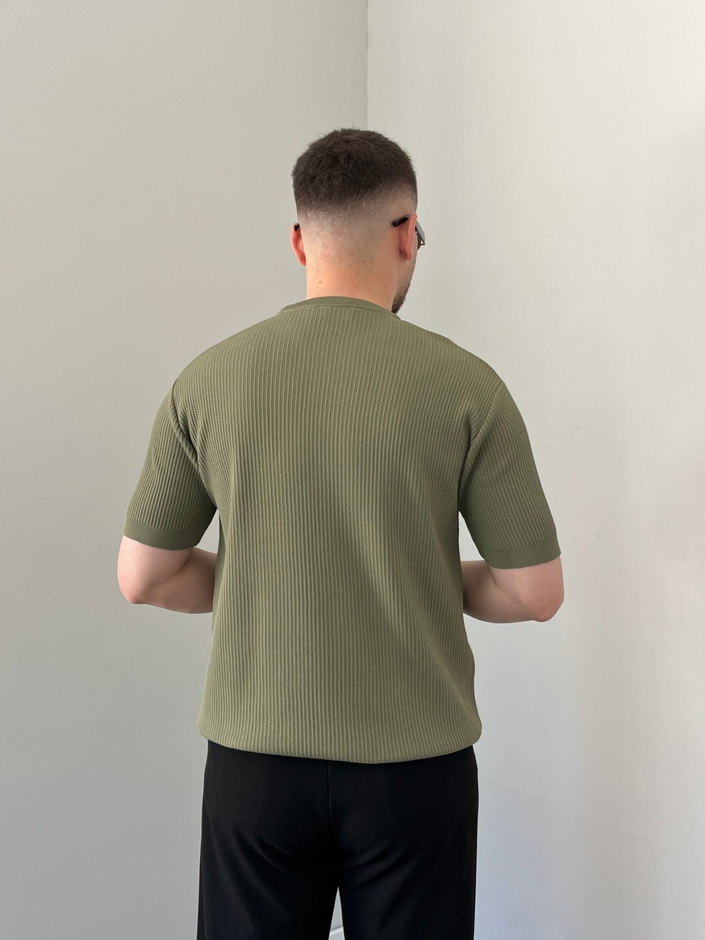 Bisiklet Yaka Örgü .Desen Triko Tshirt Haki Yeşil