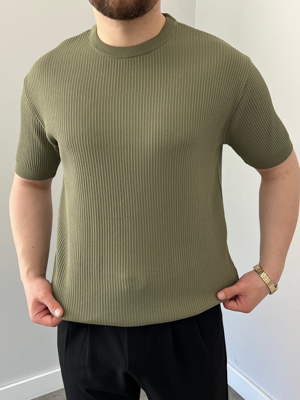 Bisiklet Yaka Örgü .Desen Triko Tshirt Haki Yeşil