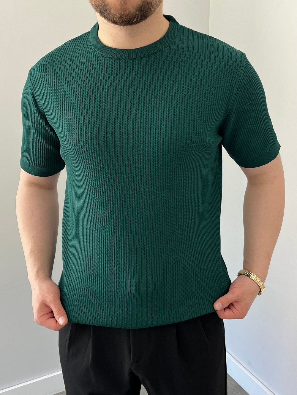 Bisiklet Yaka Örgü .Desen Triko Tshirt Zümrüt Yeşili