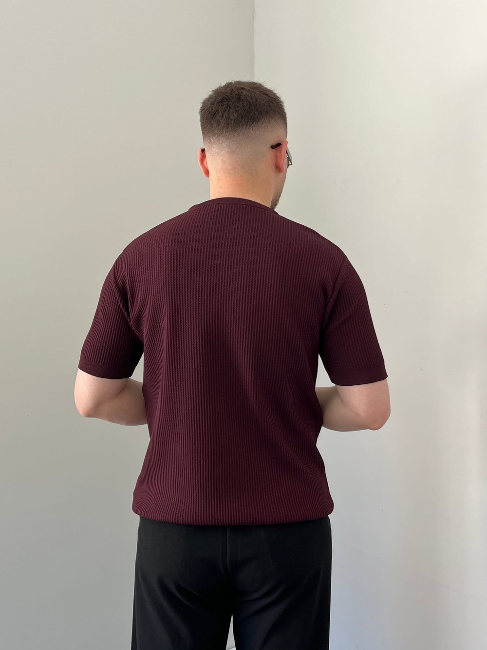 Bisiklet Yaka Örgü .Desen Triko Tshirt Bordo