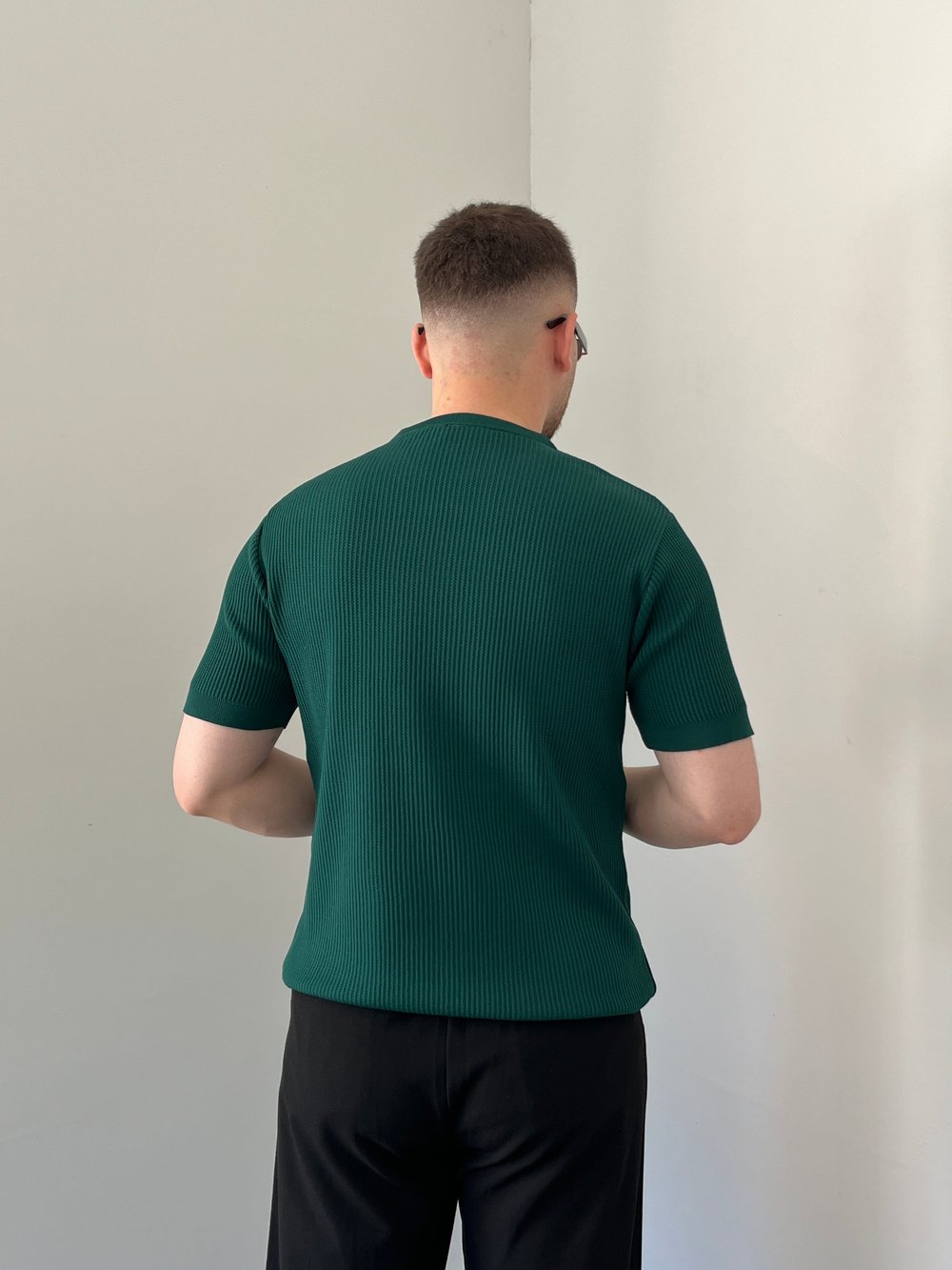 Bisiklet Yaka Örgü .Desen Triko Tshirt Zümrüt Yeşili