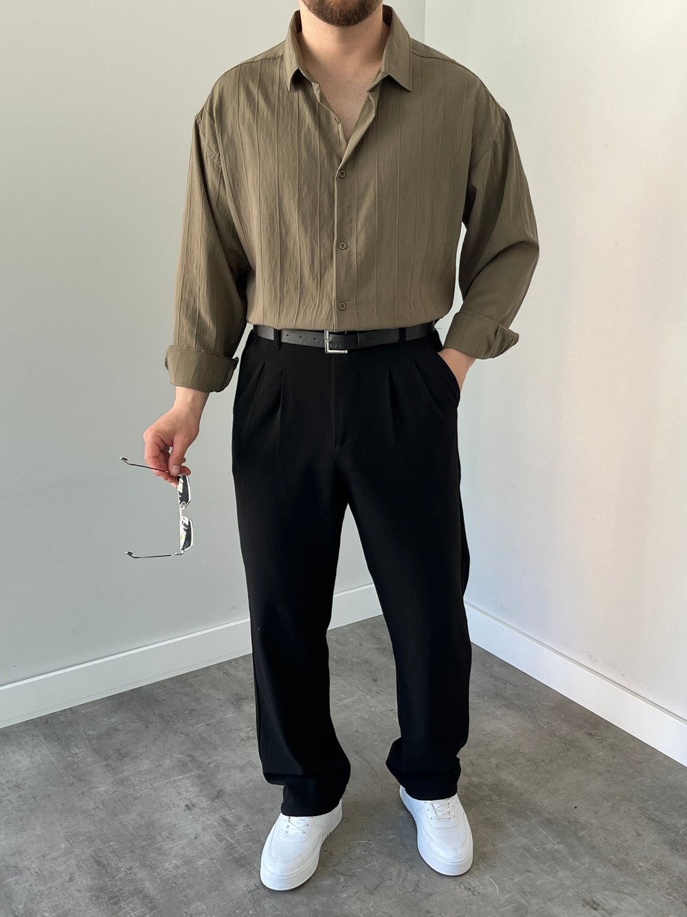 Çizgili Oversize Gömlek Haki Yeşil