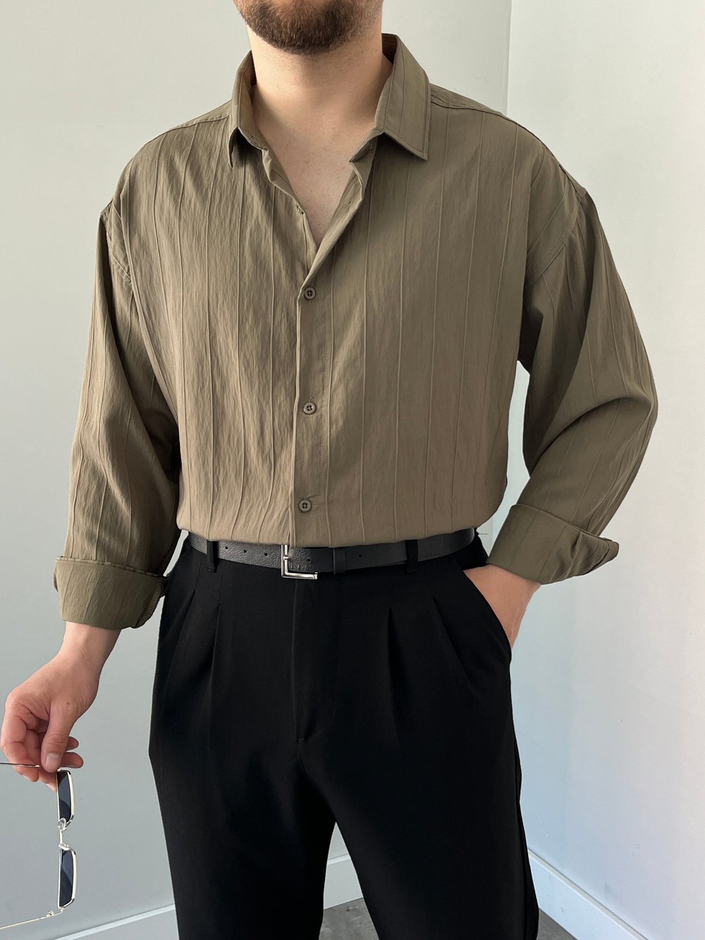 Çizgili Oversize Gömlek Haki Yeşil