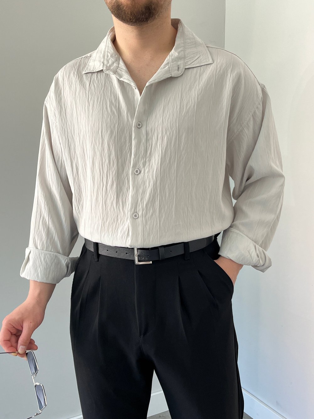 Çizgili Oversize Gömlek Taş Gri