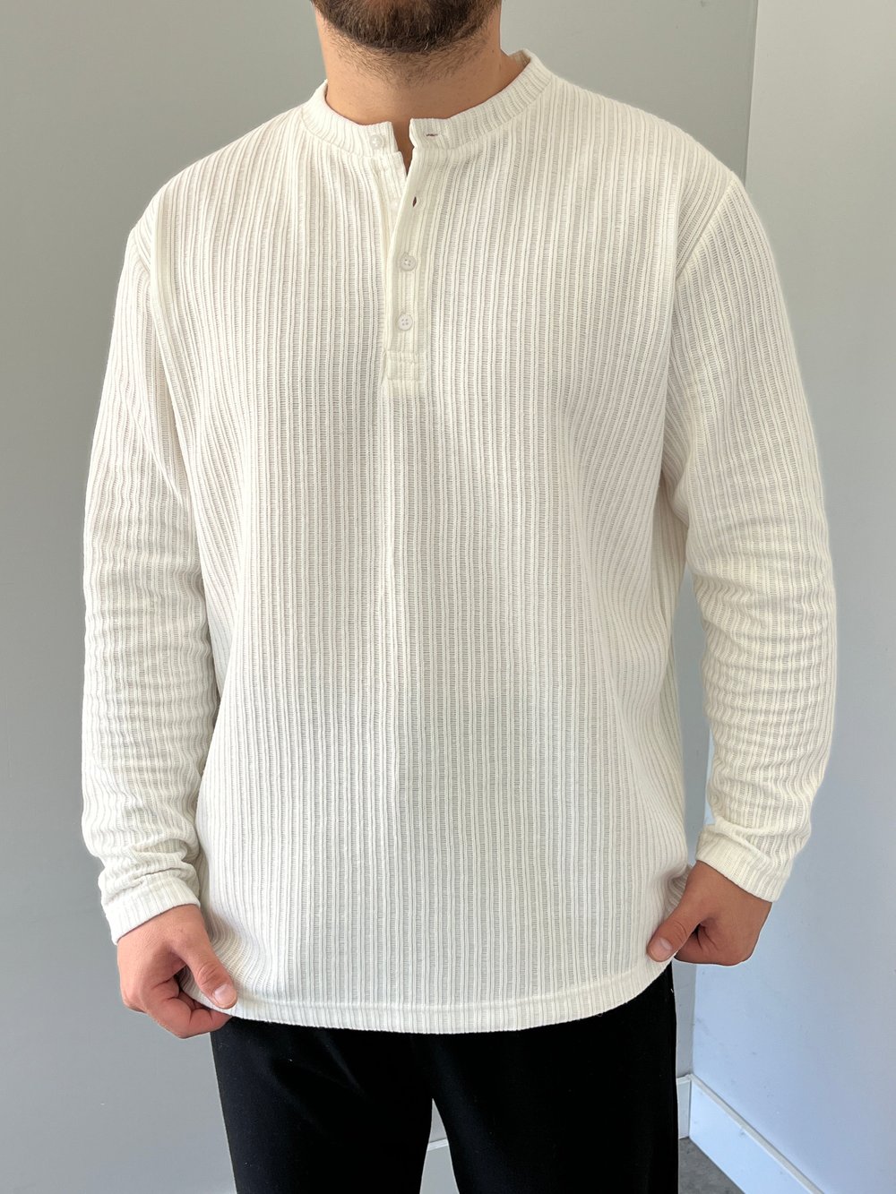 Düğmeli Fitilli İnce Sweatshirt Beyaz