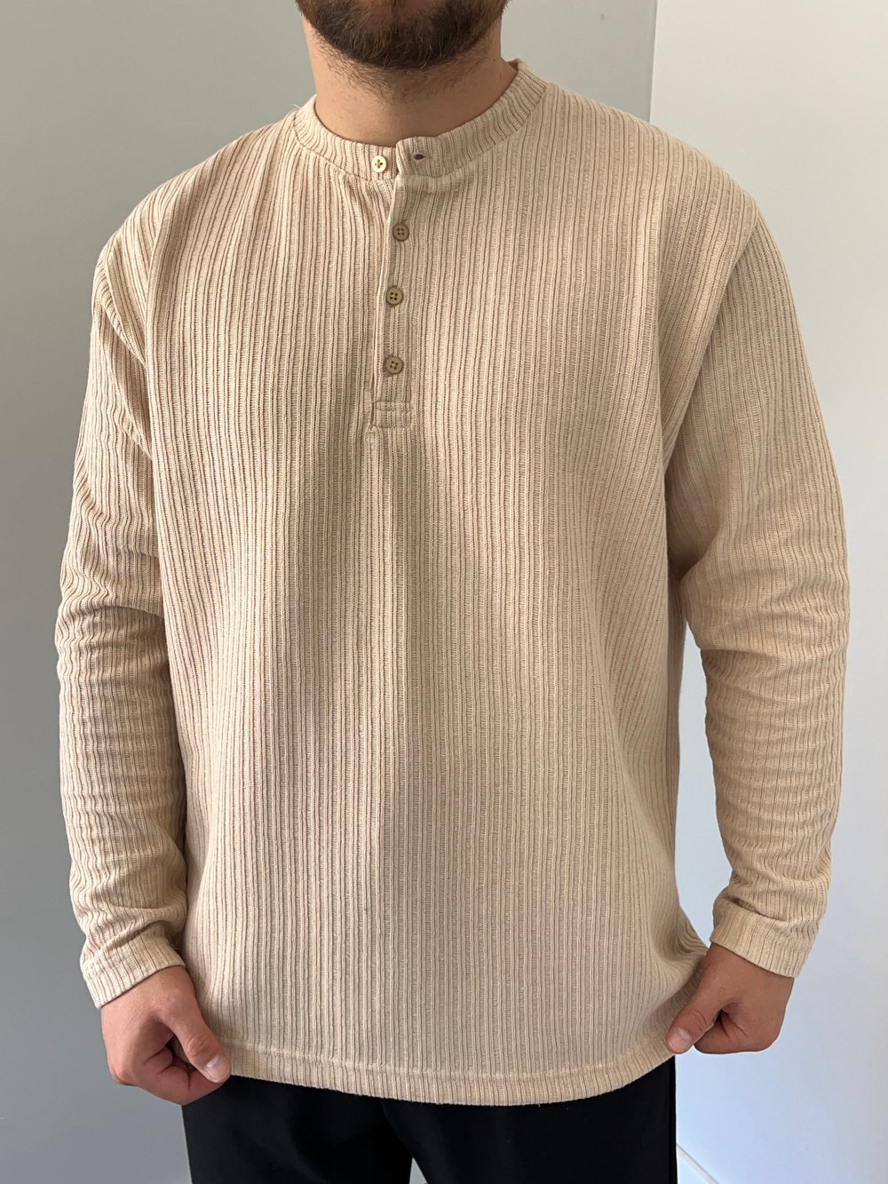 Düğmeli Fitilli İnce Sweatshirt Krem