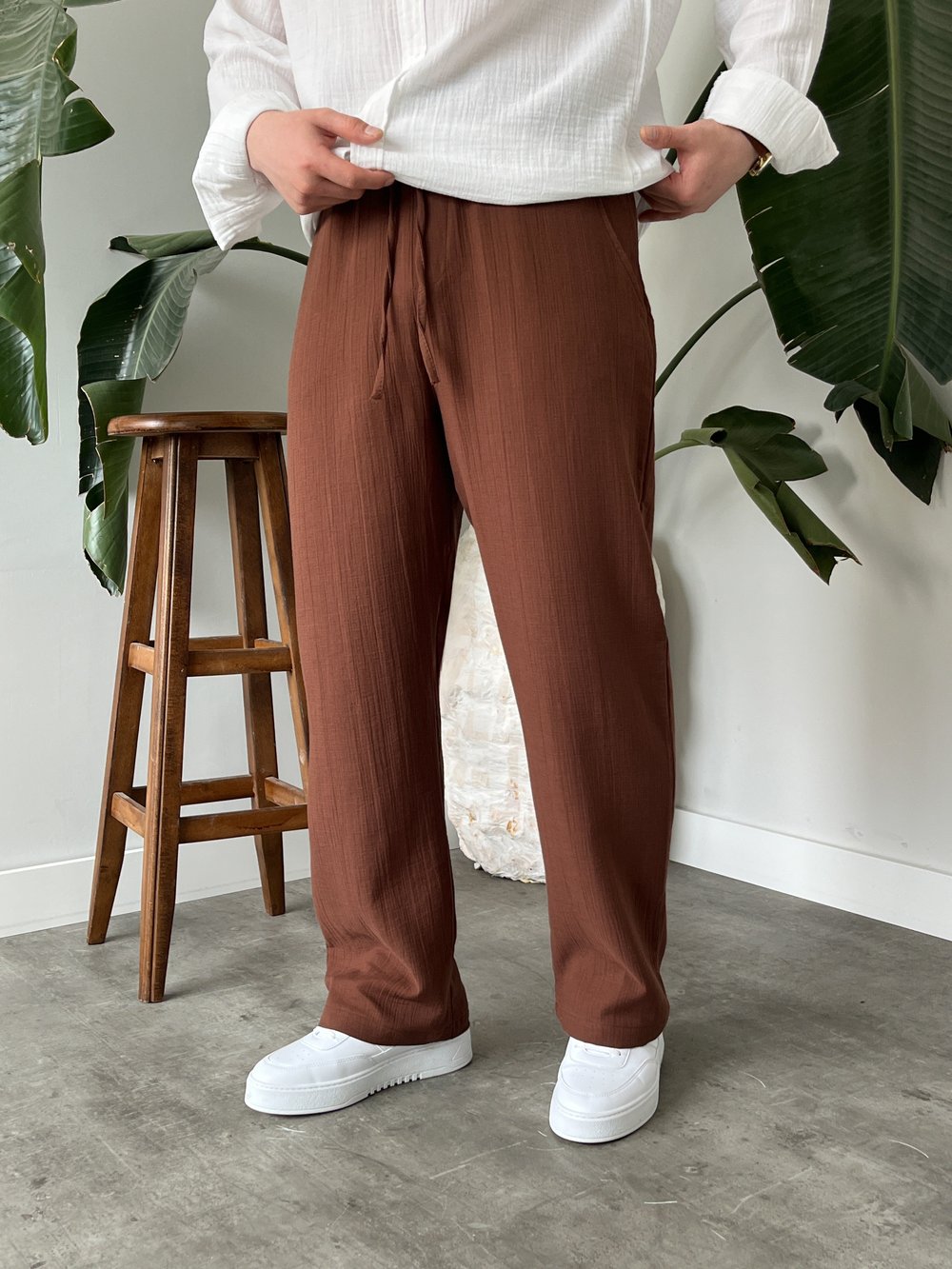 Müslim Kumaş Baggy Pantolon Kahverengi