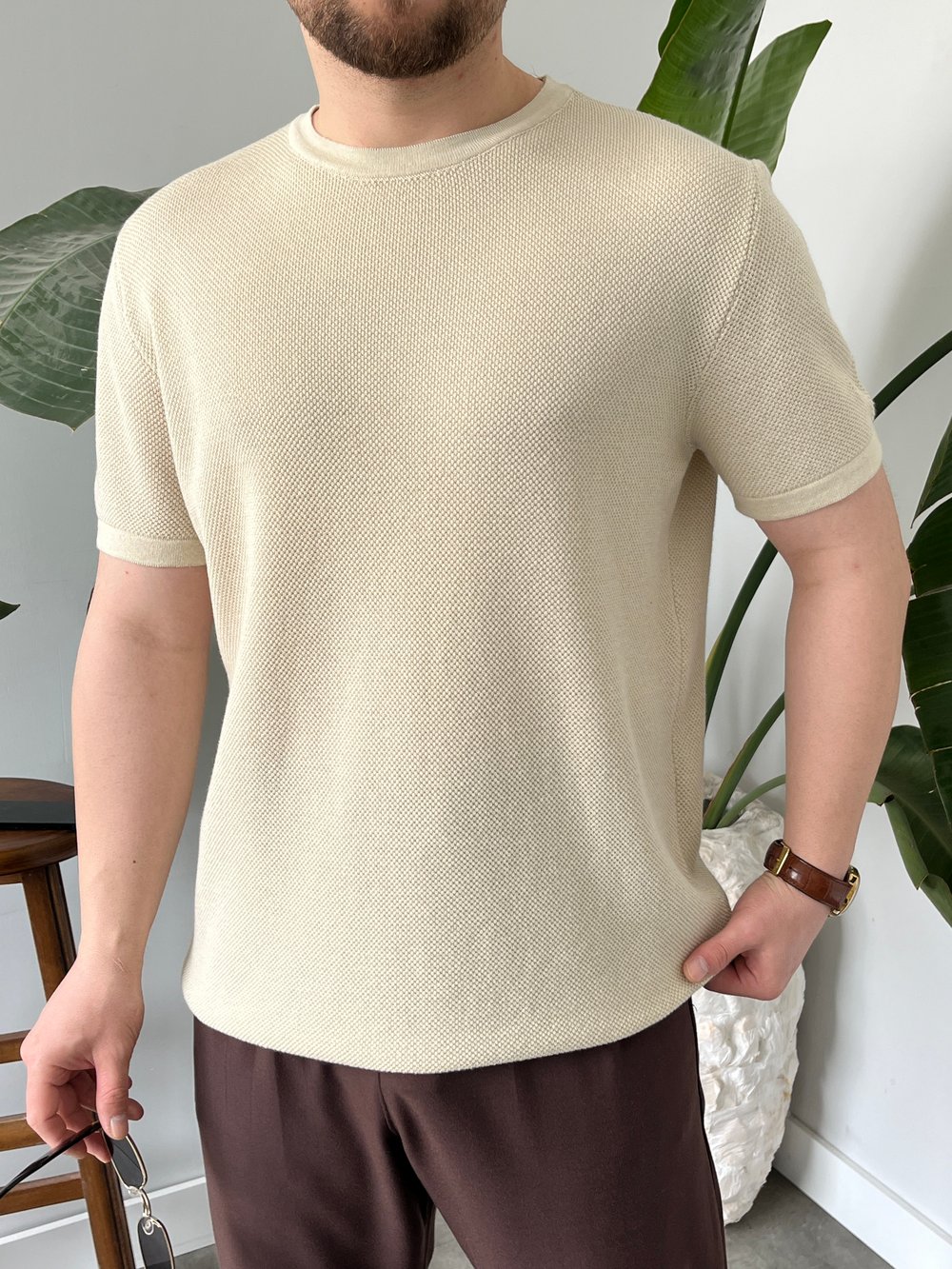 Pirinç Örgülü Basic Triko Krem
