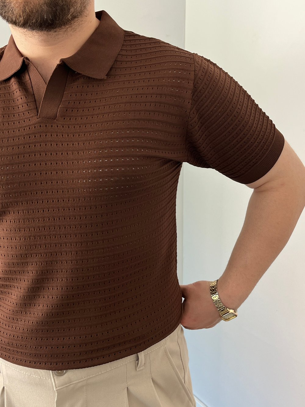 Premium Dokulu Delikli Örme  Triko Tişört Kahverengi 