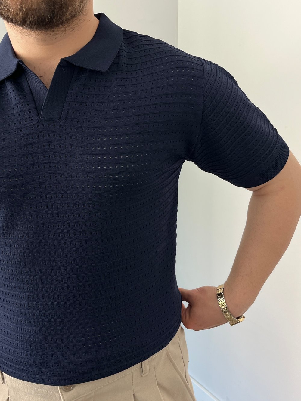 Premium Dokulu Delikli Örme  Triko Tişört Lacivert 