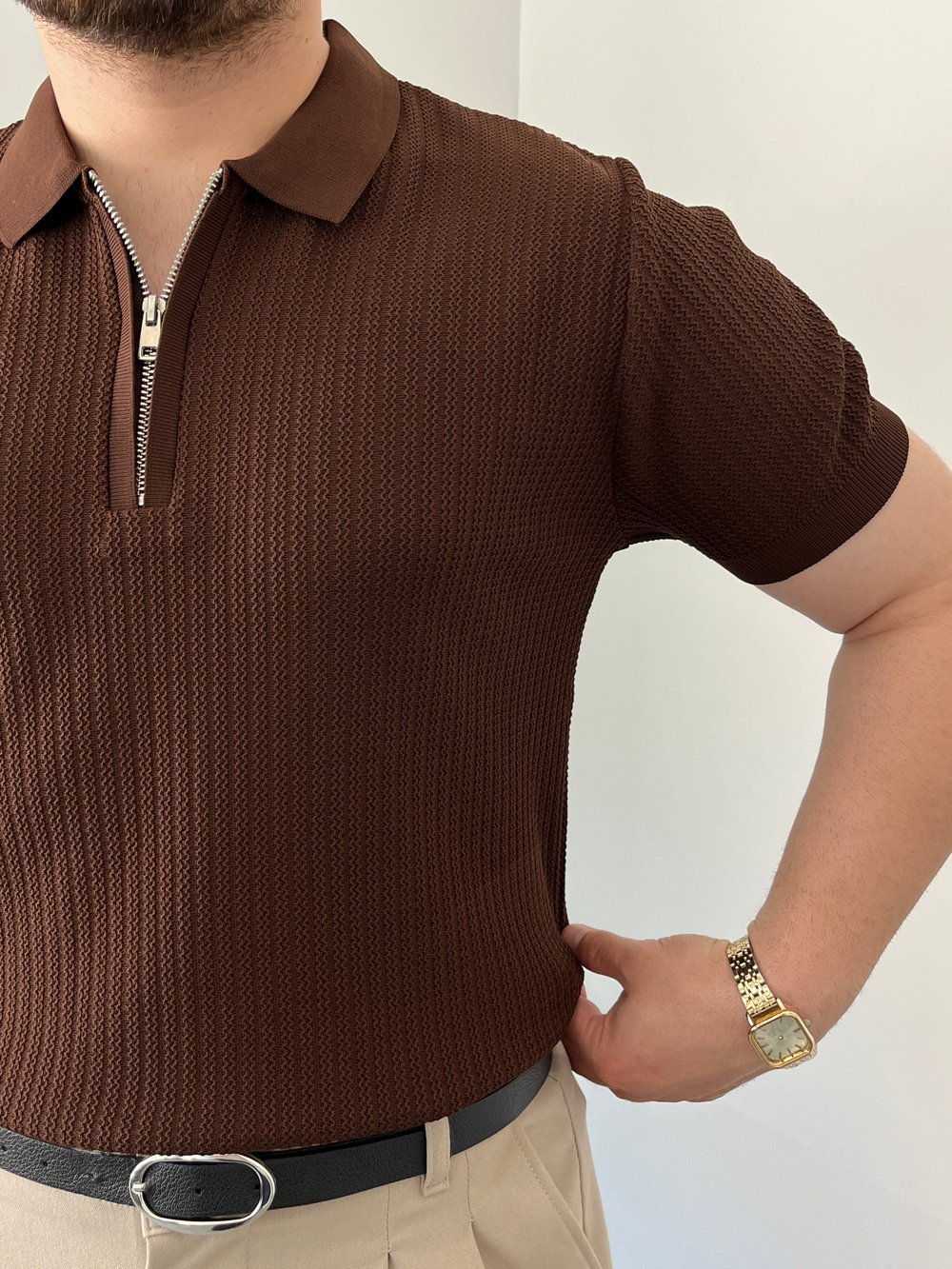 Premium Dokulu Fermuar Detay Triko Tişört Kahverengi 