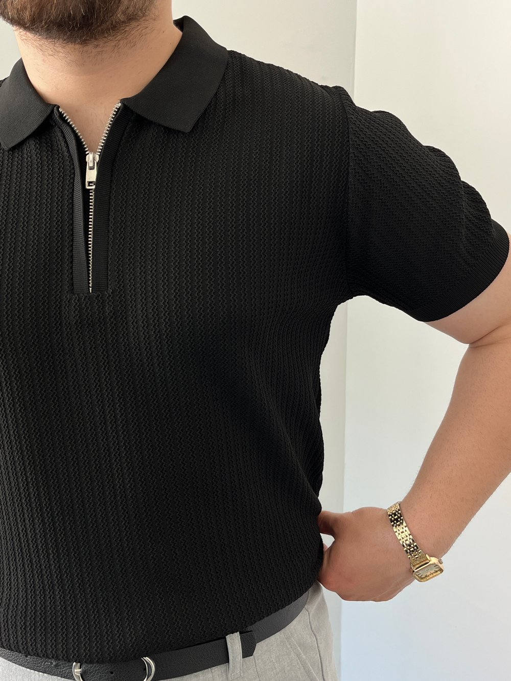 Premium Dokulu Fermuar Detay Triko Tişört Siyah