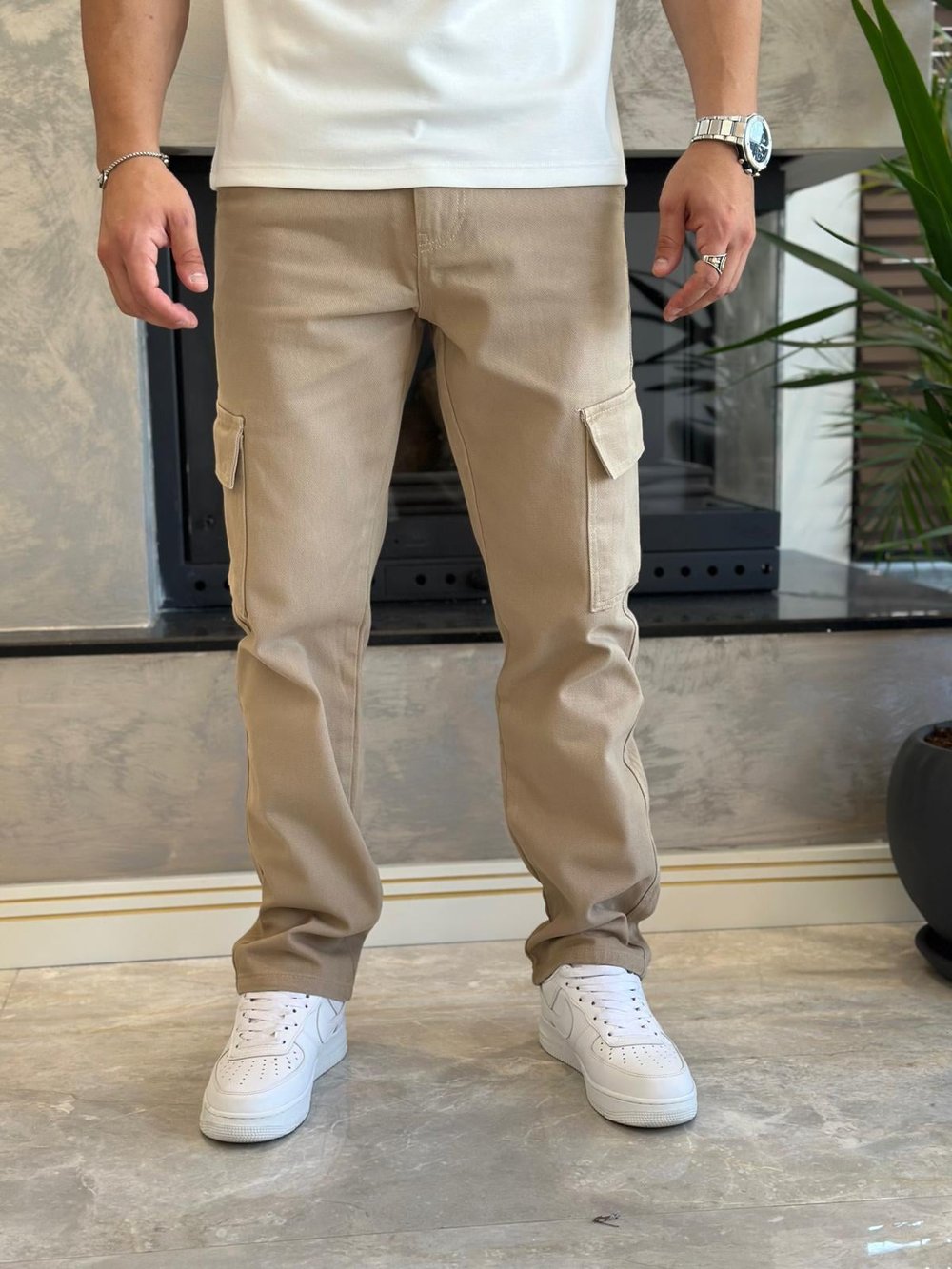 Erkek Baggy Kalıp Denim Kargo Pantolon Sütlü Kahve Eca038