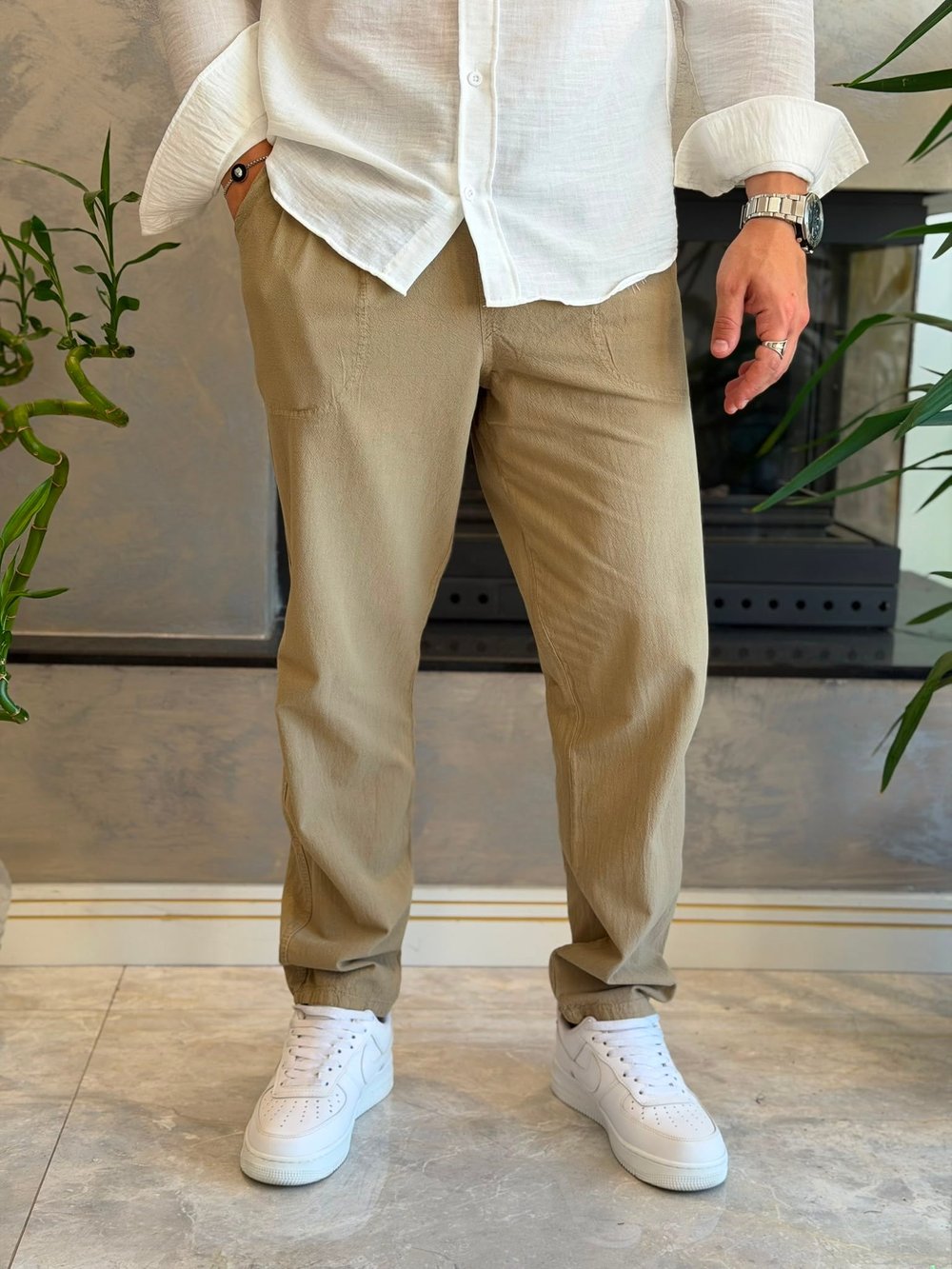 Erkek  Baggy Kalıp Keten Pantolon Bej  Eca087
