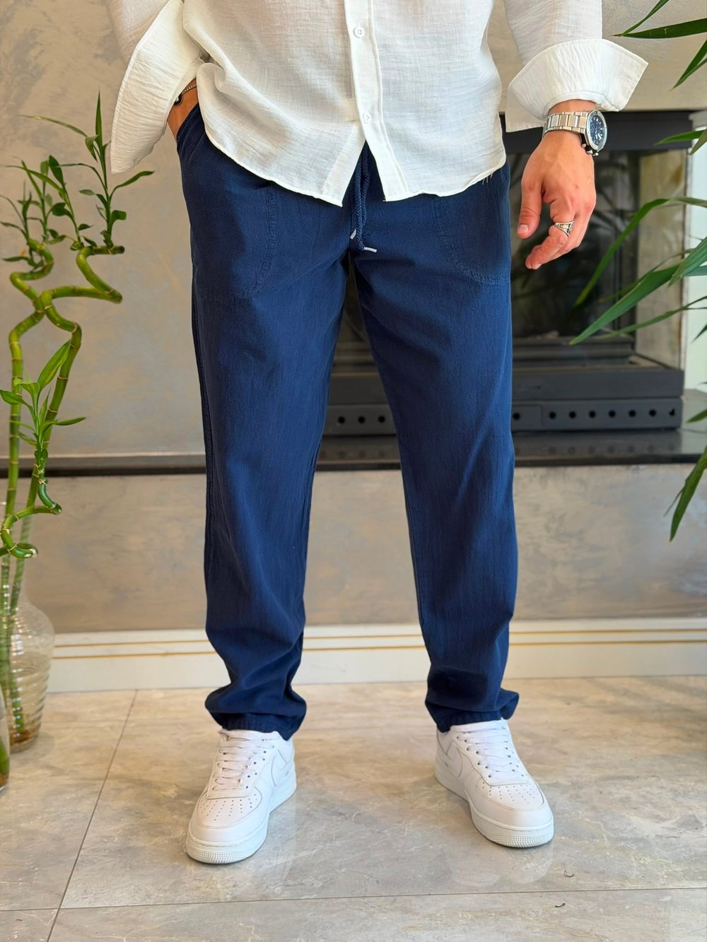 Erkek  Baggy Kalıp Keten Pantolon Lacivert Eca087