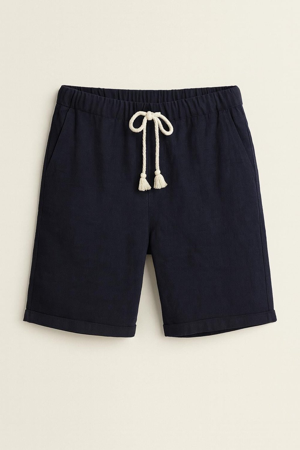 Erkek Beli Bağcıklı Relaxed Fit Keten Şort Lacivert Eca027