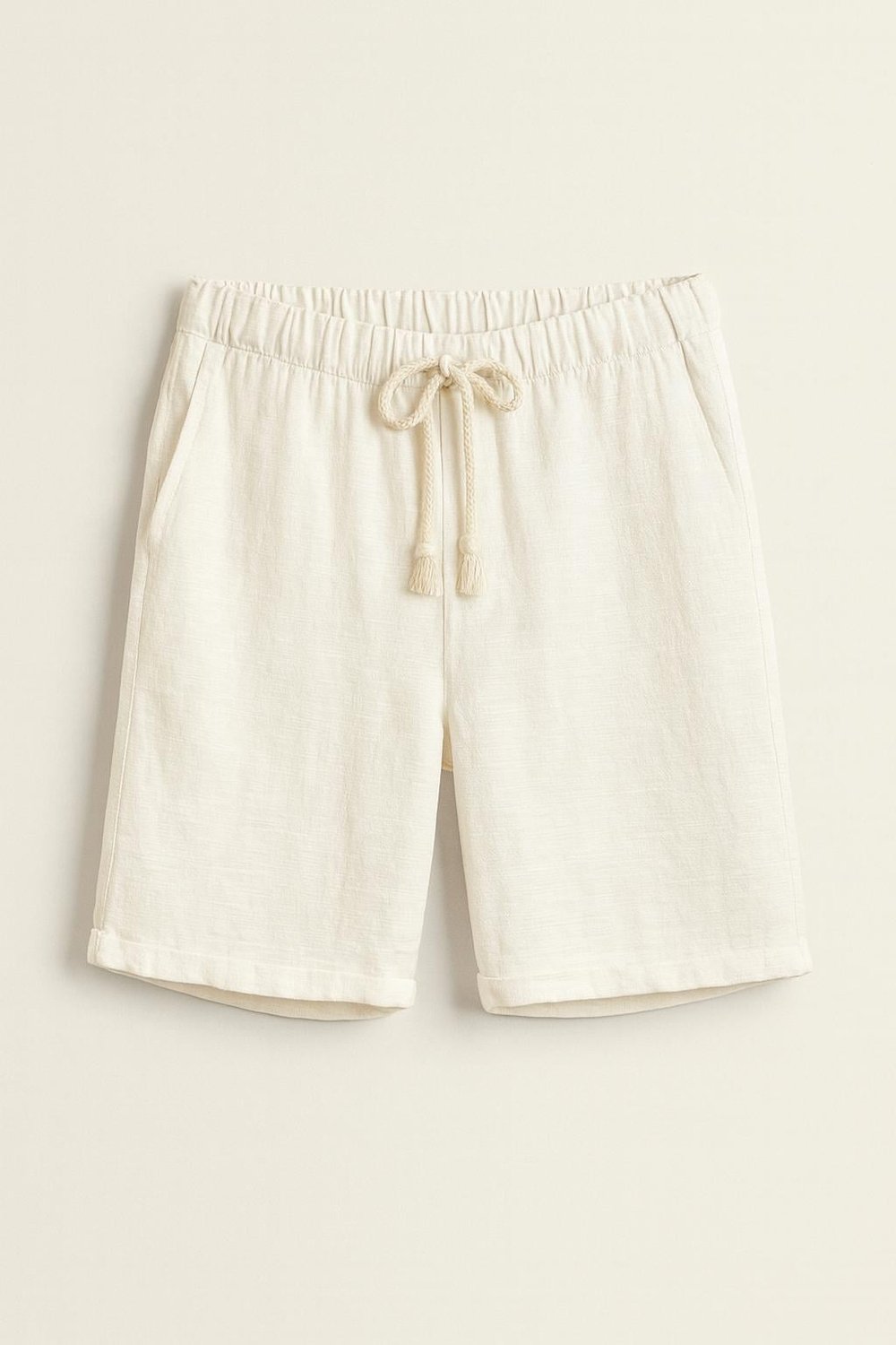 Erkek Beli Bağcıklı Relaxed Fit Keten Şort Krem Eca027