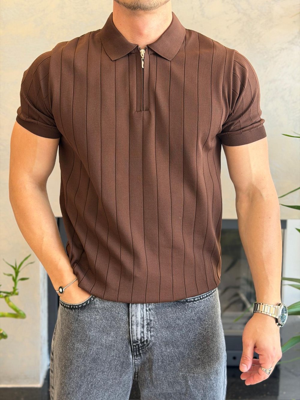 Erkek Çizgi Detaylı Fermuarlı Tshirt Acı Kahve Eca066
