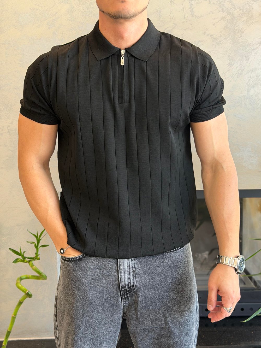 Erkek Çizgi Detaylı Fermuarlı Tshirt Siyah Eca066