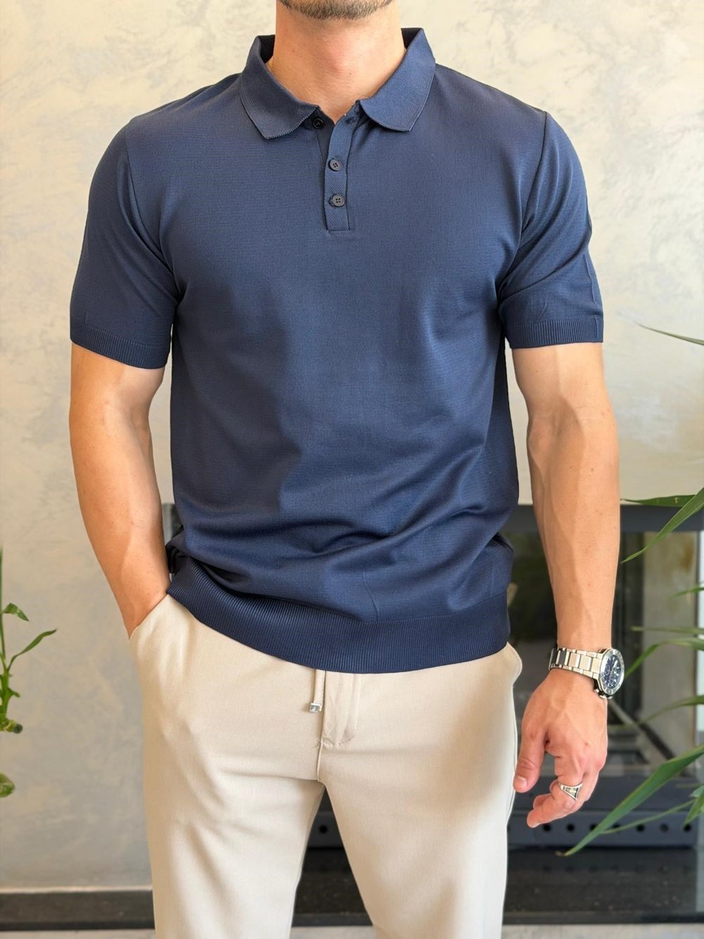 Erkek Düğme Kapama  İnce Triko Tshirt Lacivert  Eca083