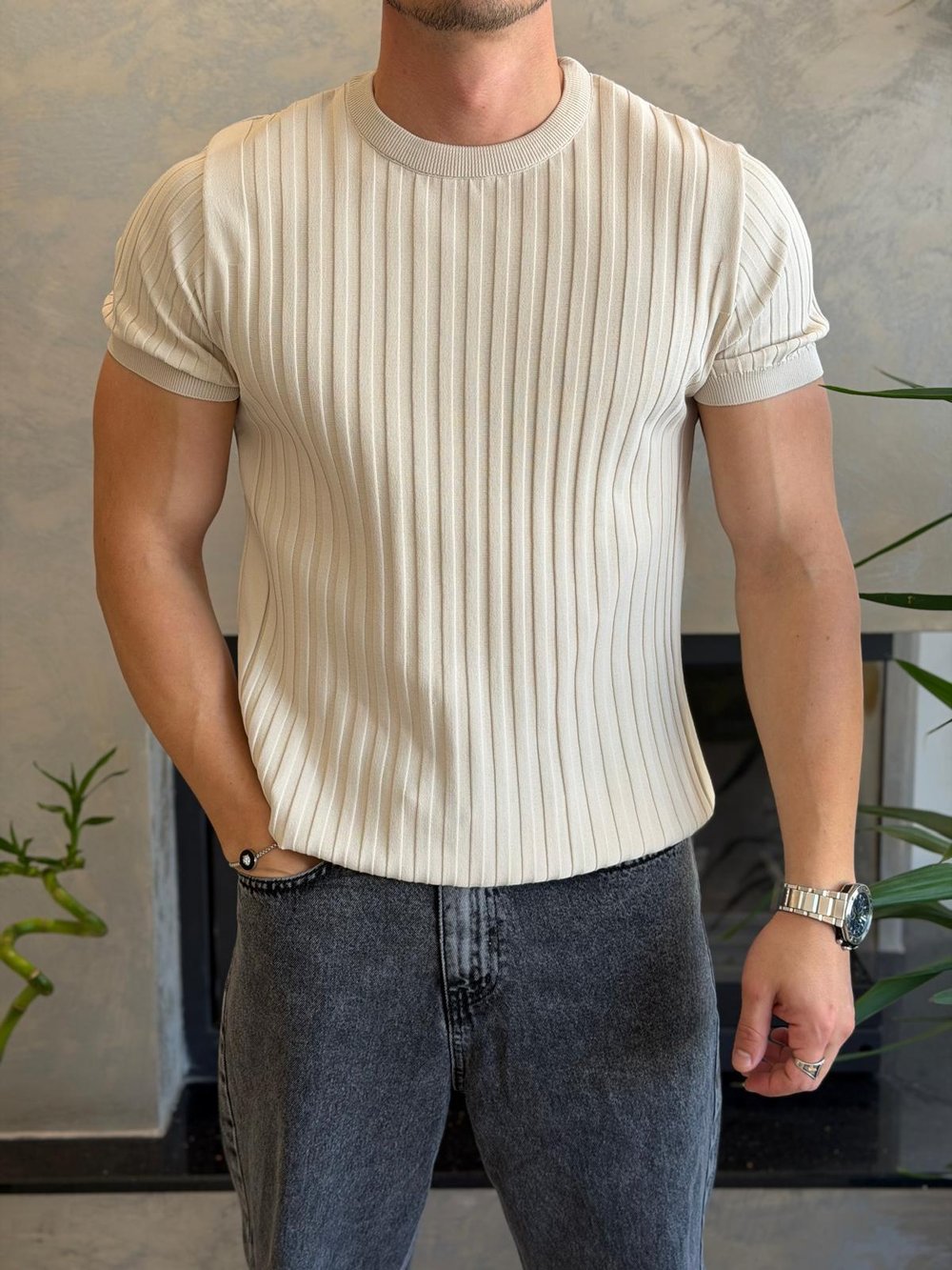 Erkek Kısa Kollu Bisiklet Yaka Çizgi Detaylı Tshirt Bej Eca070