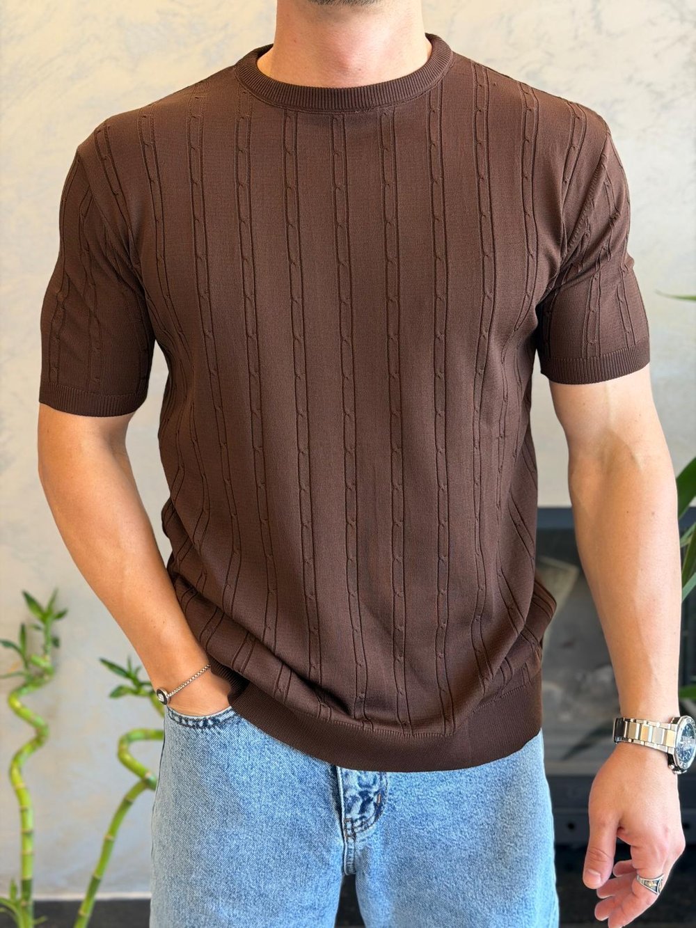 Erkek Kısa Kollu Saç Örgü Desenli  Bisiklet Yaka Tshirt Acı Kahve Eca072