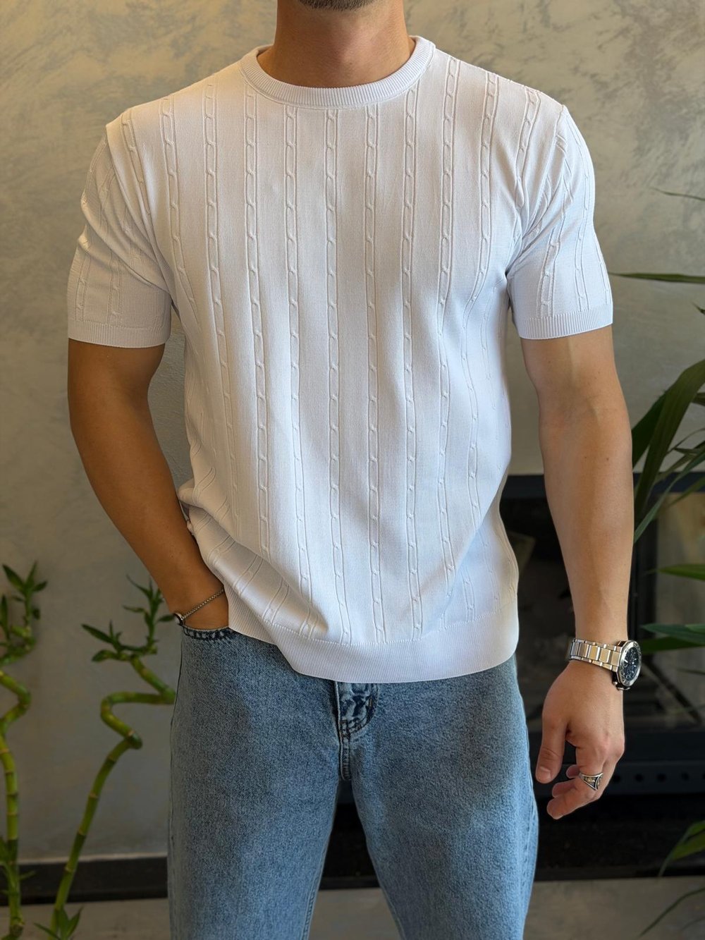 Erkek Kısa Kollu Saç Örgü Desenli  Bisiklet Yaka Tshirt Beyaz Eca072