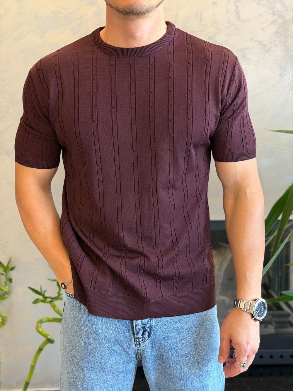 Erkek Kısa Kollu Saç Örgü Desenli  Bisiklet Yaka Tshirt Bordo Eca072