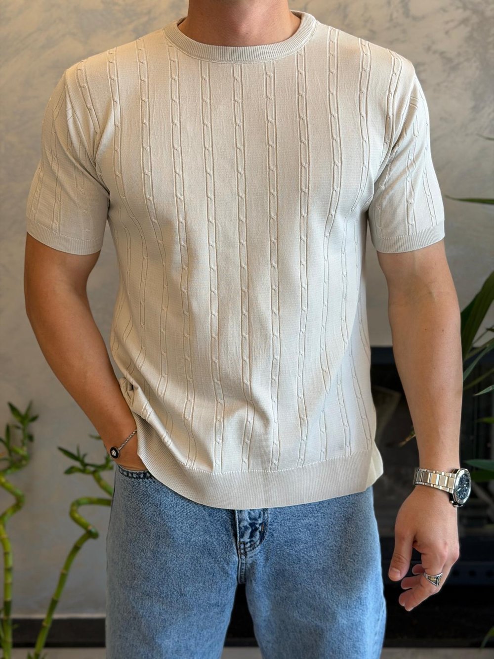 Erkek Kısa Kollu Saç Örgü Desenli  Bisiklet Yaka Tshirt Bej Eca072