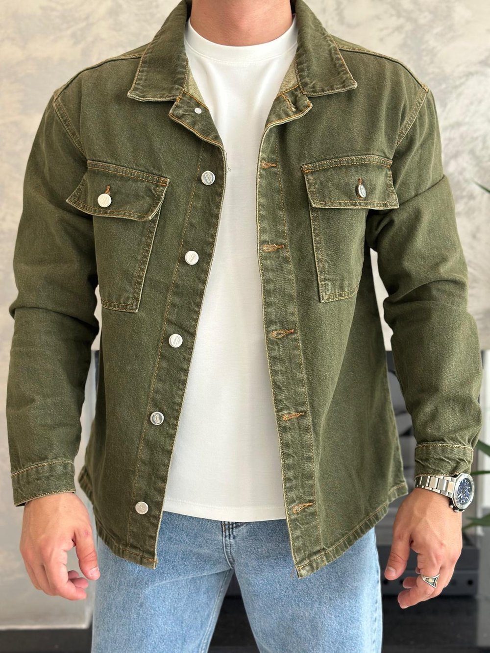 Erkek Oversize Kesim Denim Ceket Haki Eca036