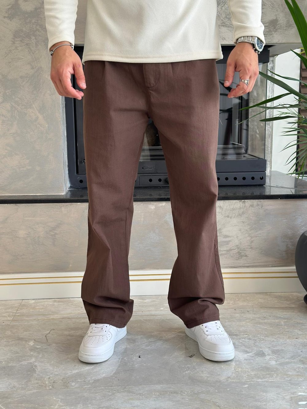 Erkek Pileli  Relaxed Fit Keten Pantolon Kahverengi Eca028