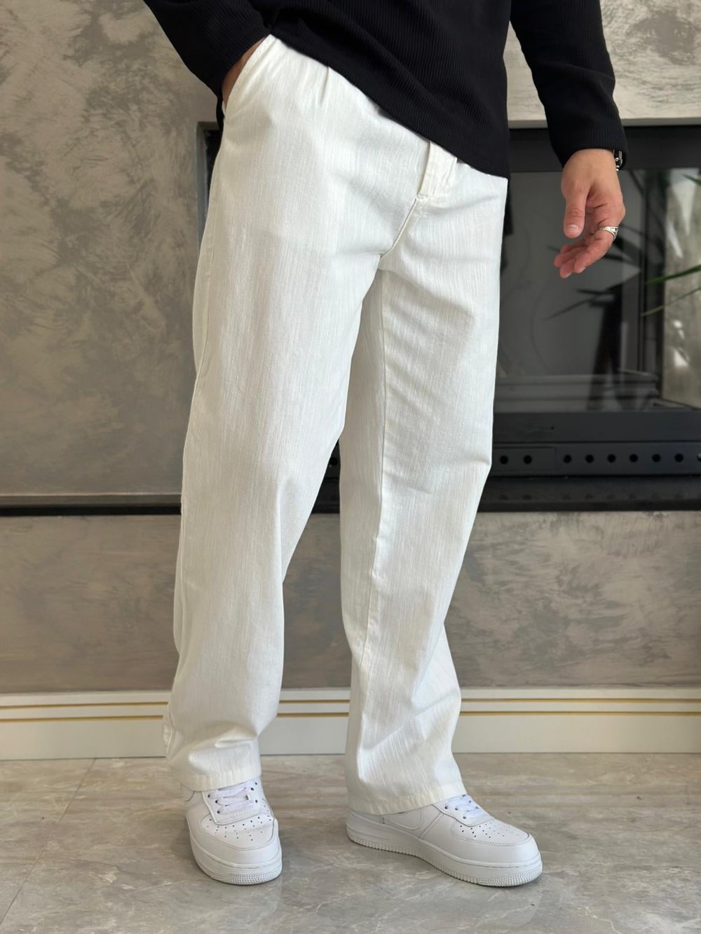 Erkek Pileli  Relaxed Fit Keten Pantolon Beyaz Eca028