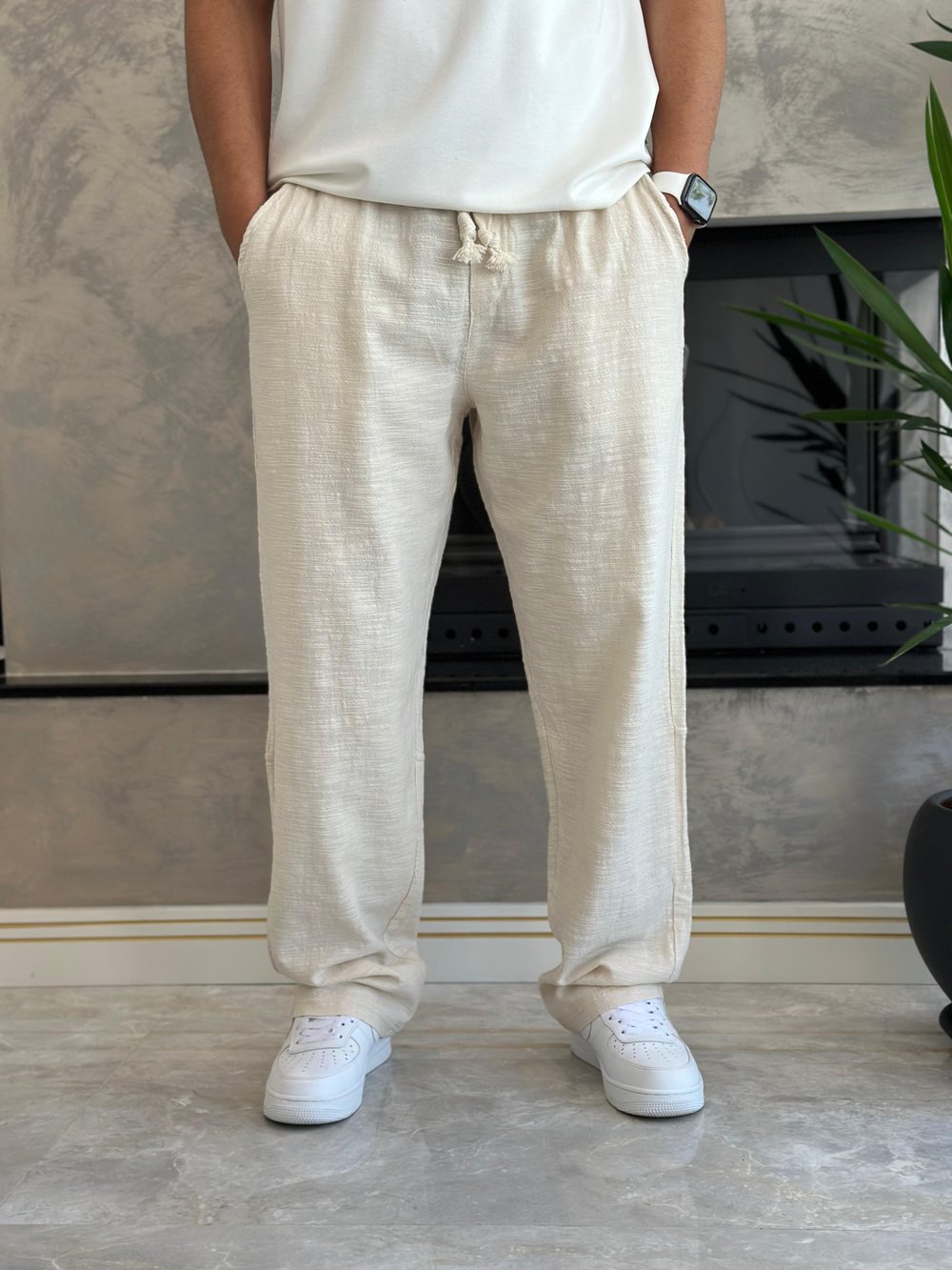 Erkek Rahat Kalıp Keten Pantolon Krem Eca001