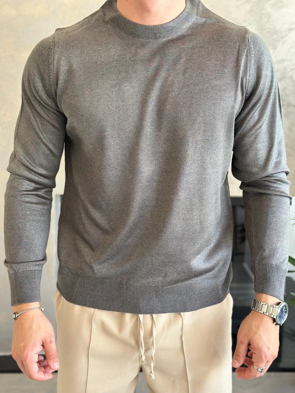 Erkek Regular Fit Bisiklet Yaka Triko Kazak Gri Eca043