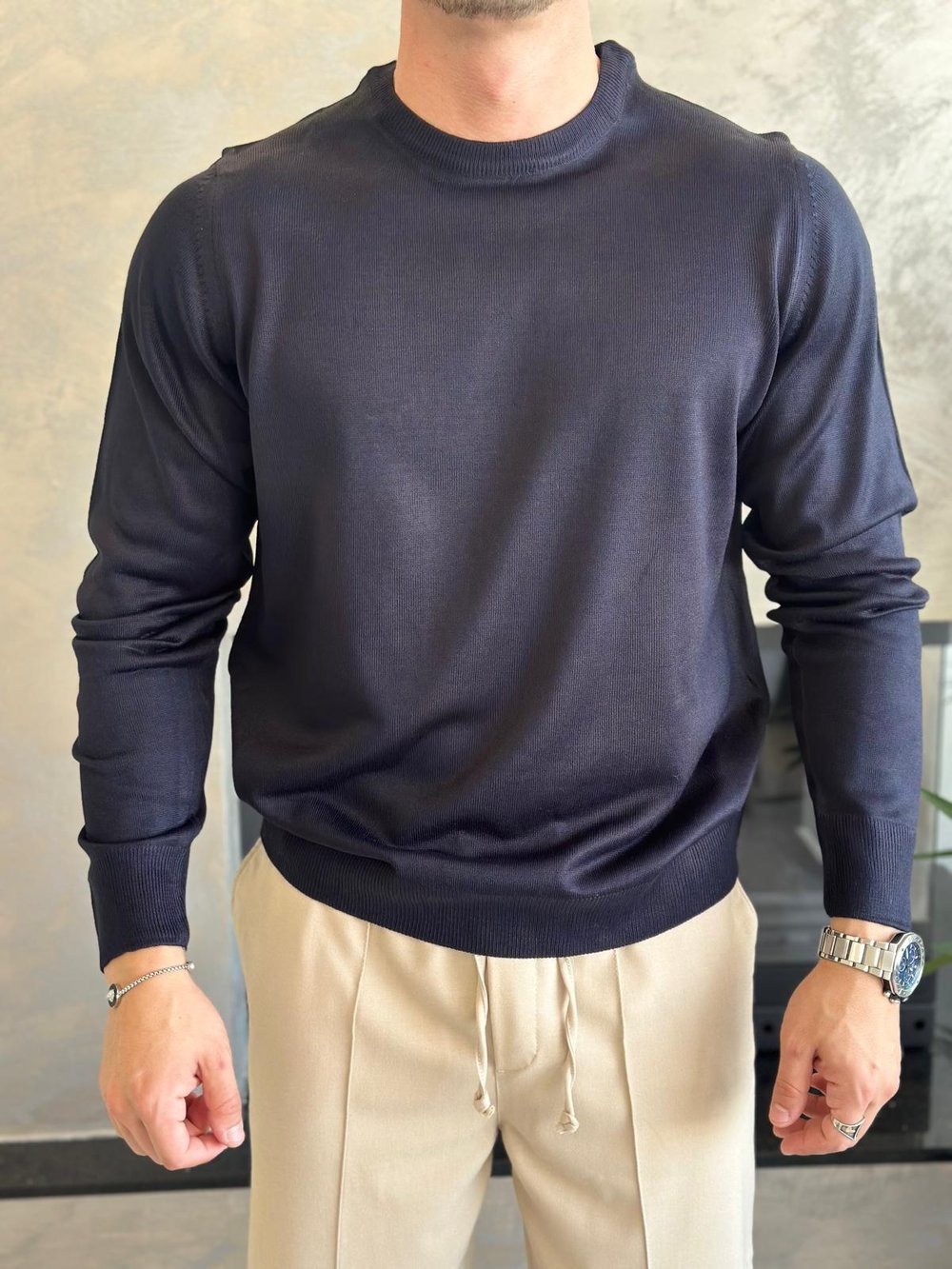 Erkek Regular Fit Bisiklet Yaka Triko Kazak Lacivert Eca043