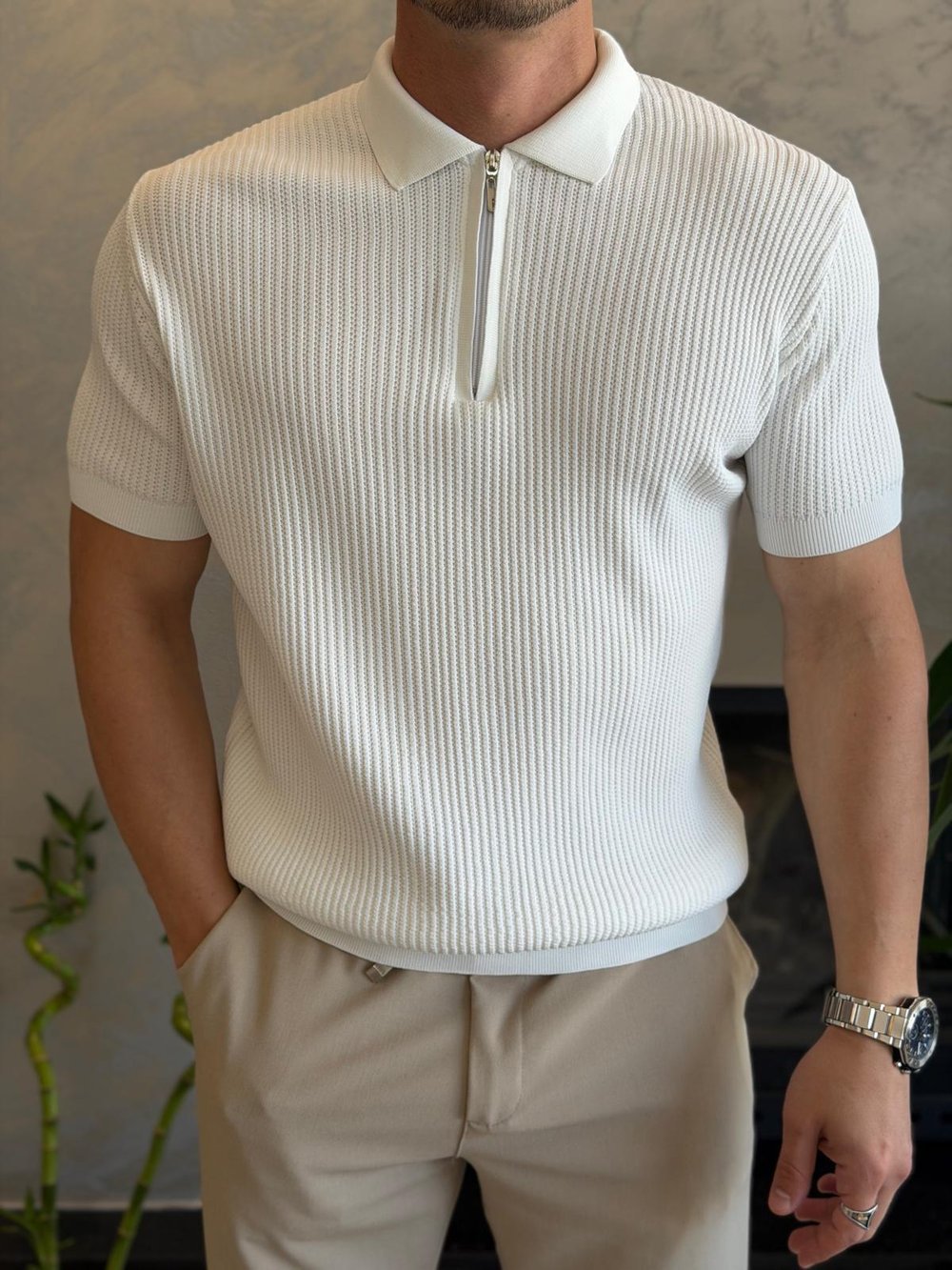 Erkek Regular Fit Dokulu Fermuarlı Tshirt Beyaz  Eca067