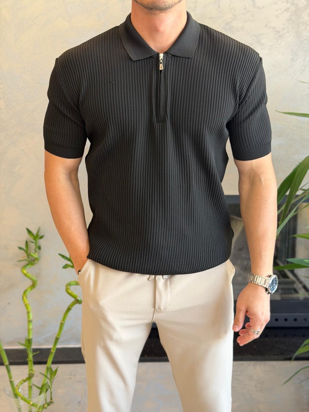 Erkek Regular Fit Dokulu Fermuarlı Tshirt Siyah Eca067