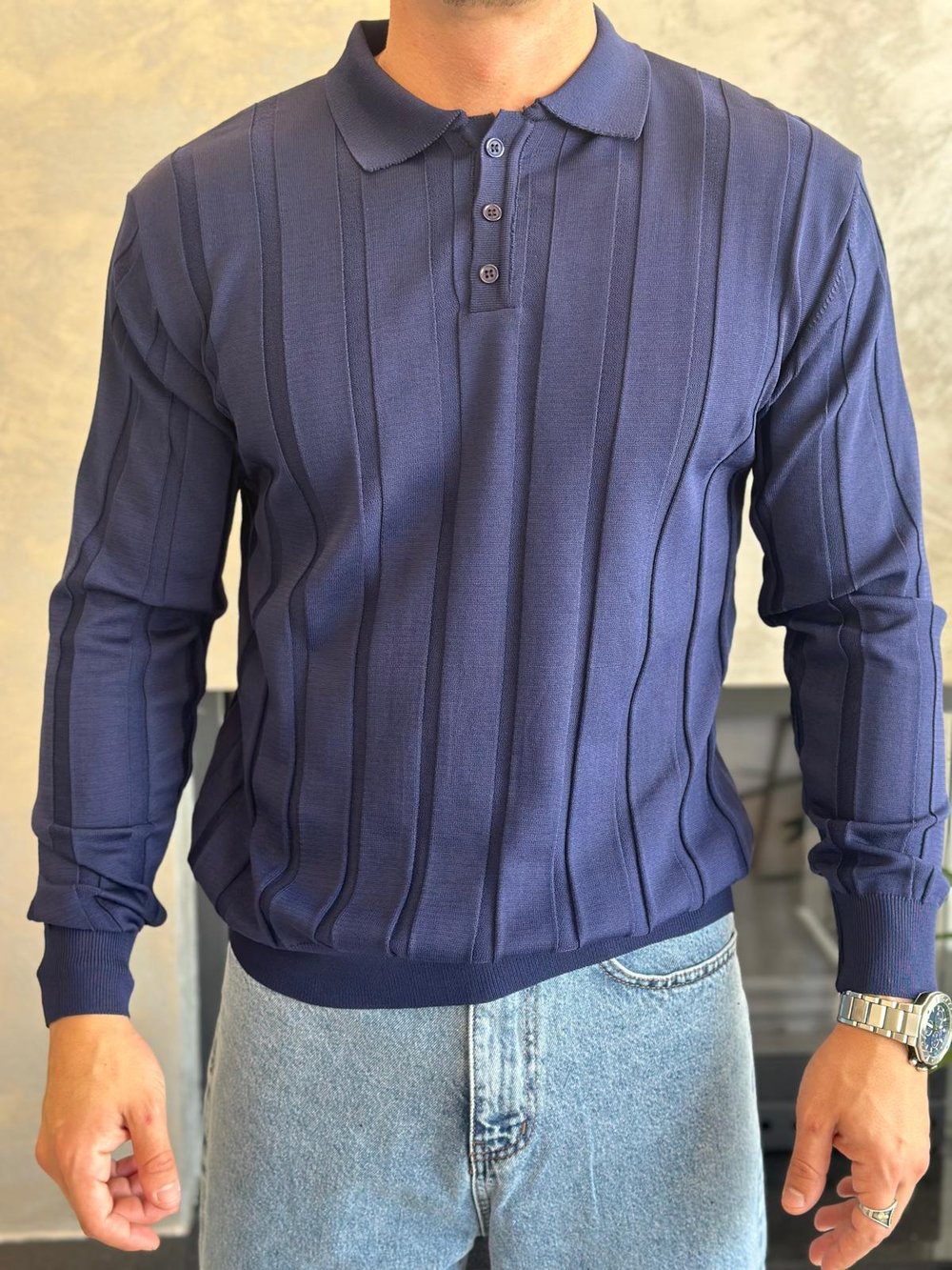 Erkek Regular Fit Düğme Kapamalı Fitilli Triko Kazak Lacivert Eca048