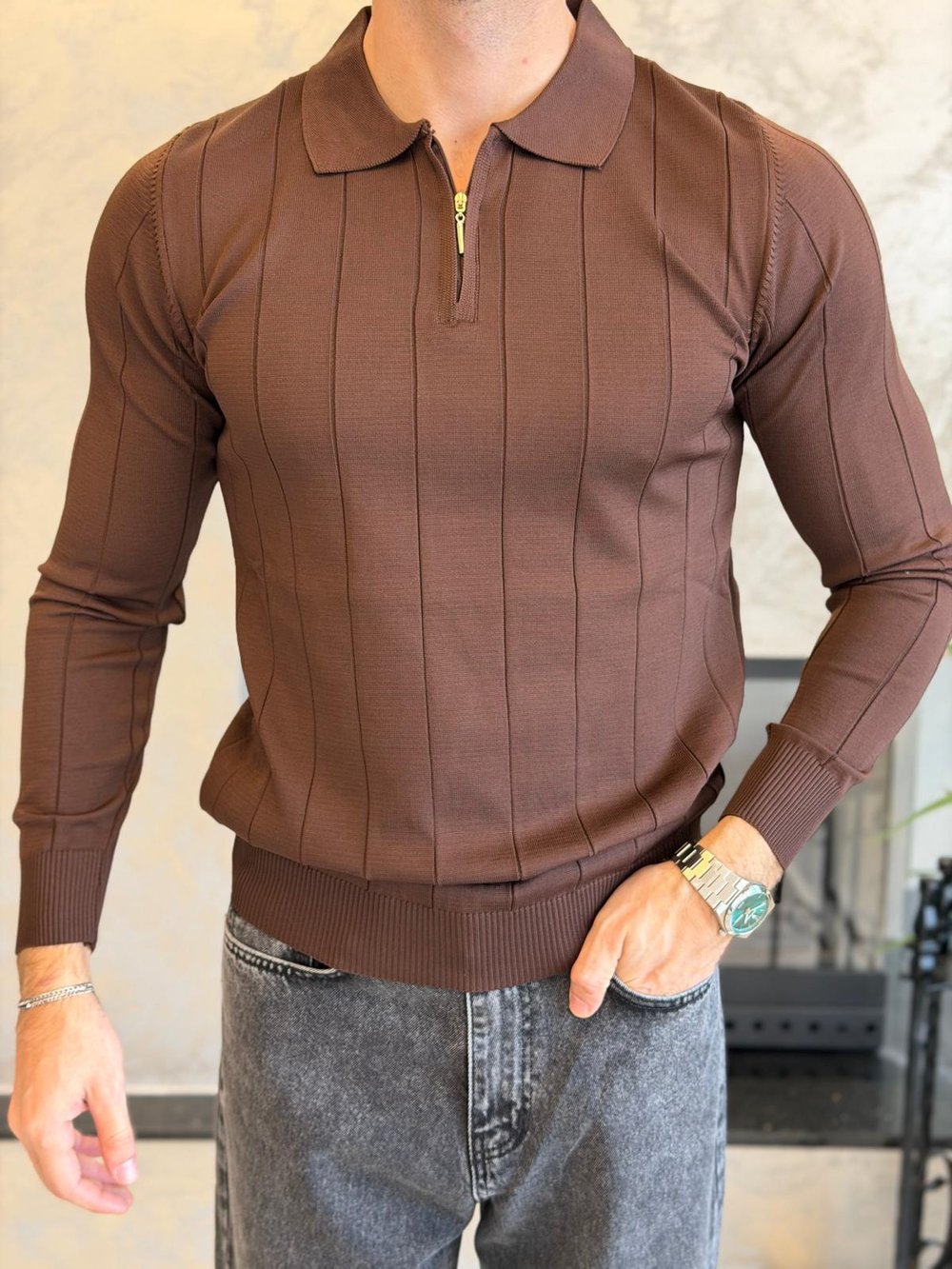 Erkek Regular Fit Fermuar Yaka Çizgi Detaylı Triko Kazak Acı Kahve Eca035