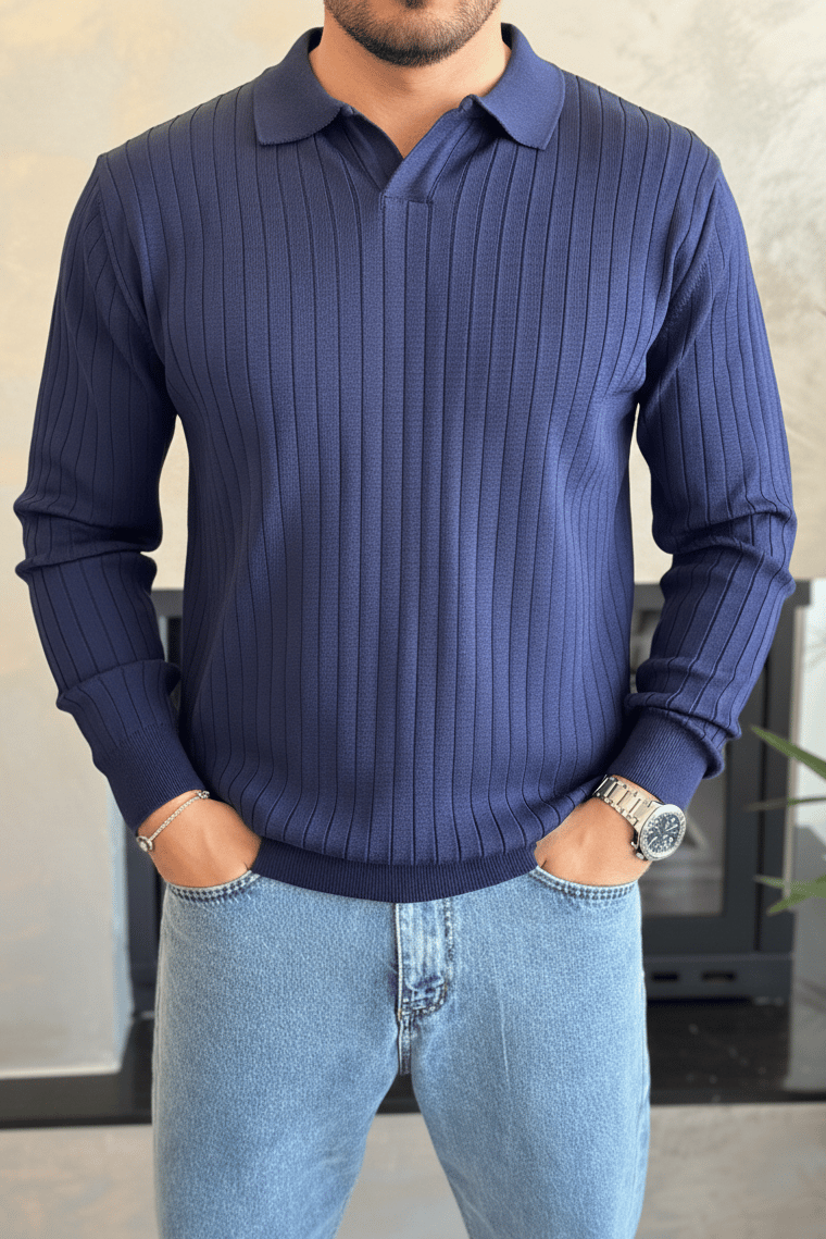 Erkek Regular Fit Polo Yaka Fitilli Triko Kazak Lacivert Eca046