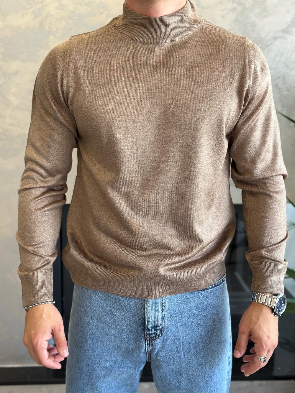 Erkek Regular Fit Yarım Balıkçı Yaka Triko Kazak Kahverengi Eca042