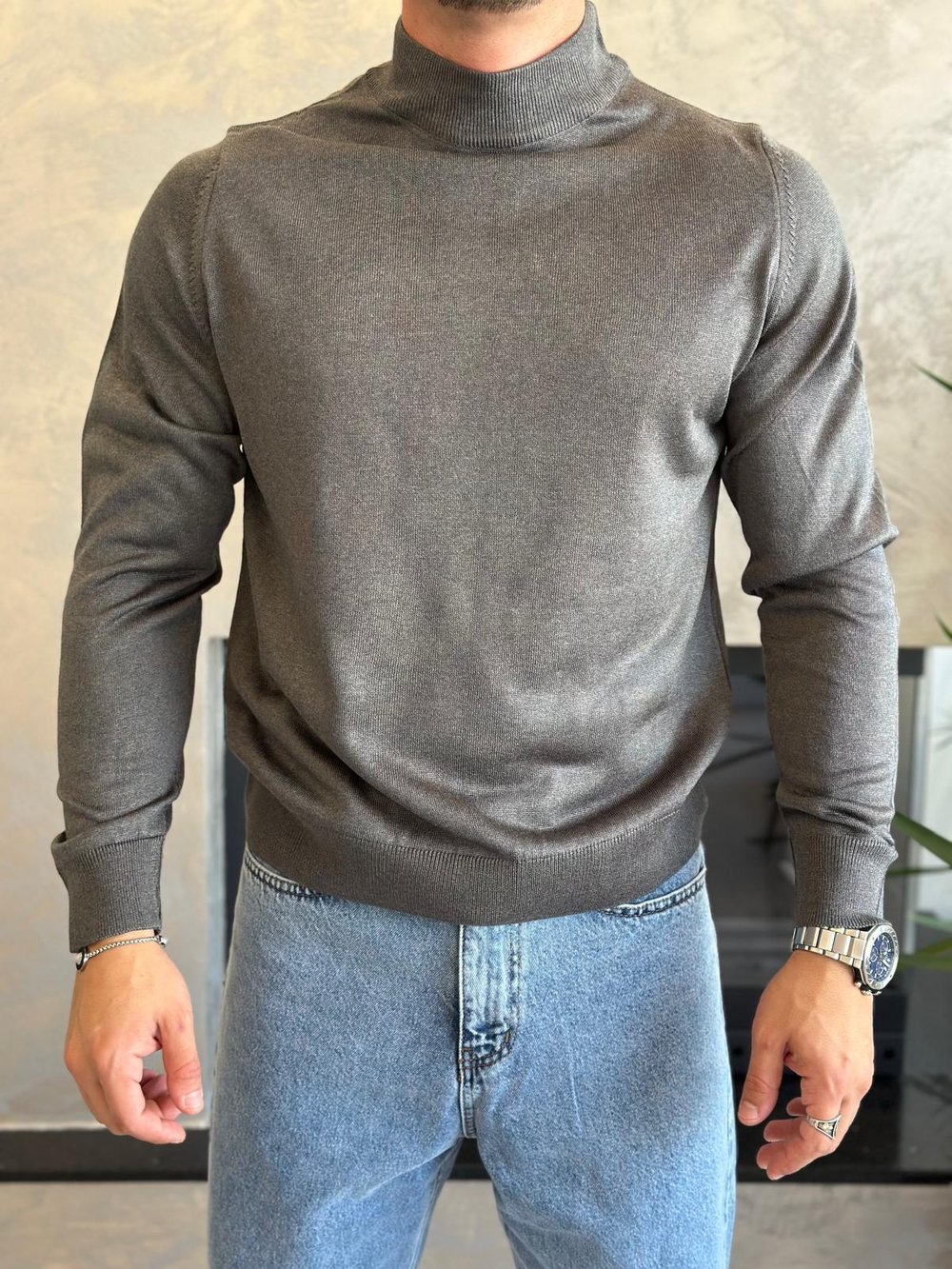 Erkek Regular Fit Yarım Balıkçı Yaka Triko Kazak Gri Eca042