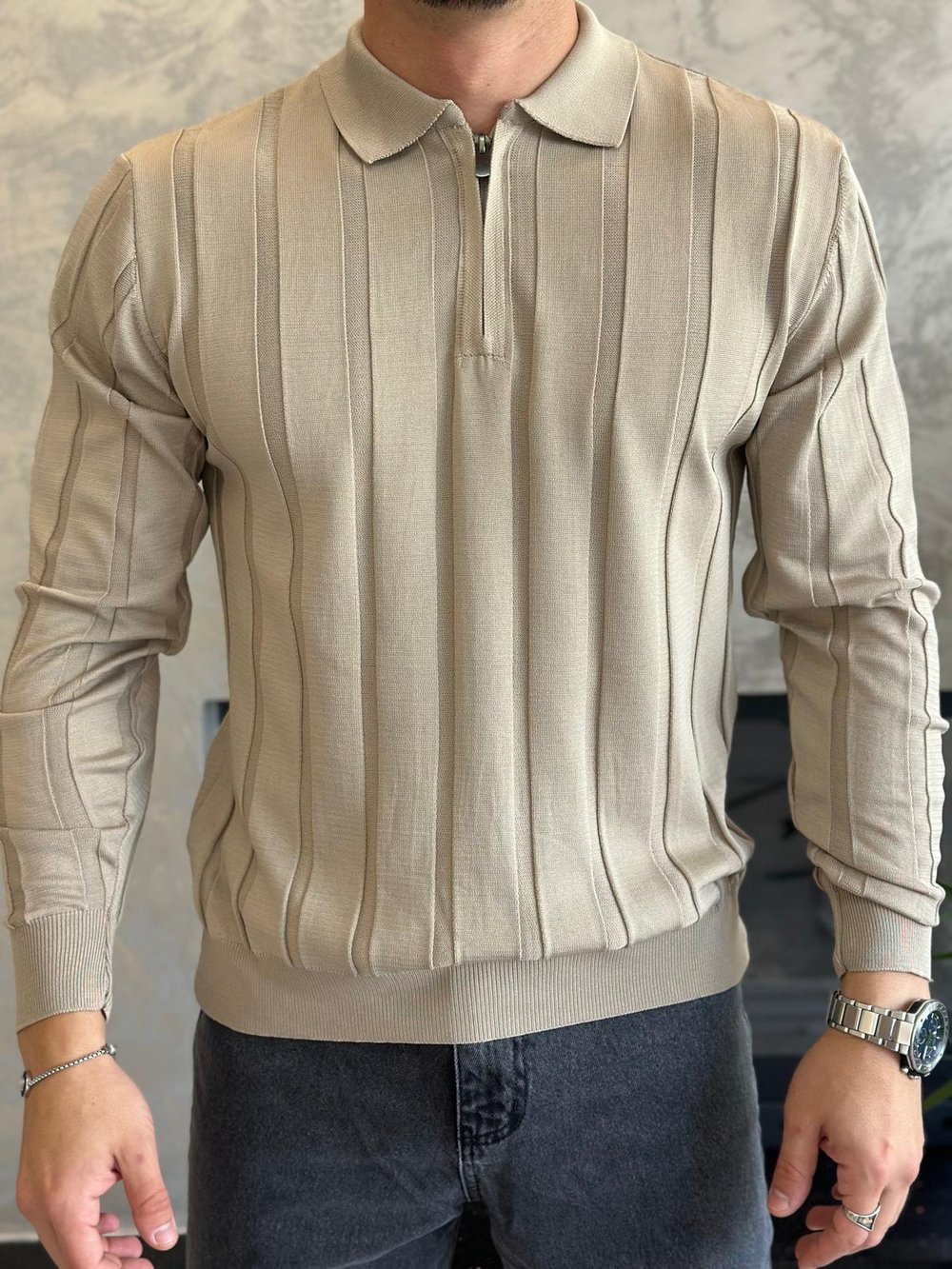 Erkek Regular Fit Yarım Fermuarlı  Fitilli Triko Kazak Kahverengi Eca047