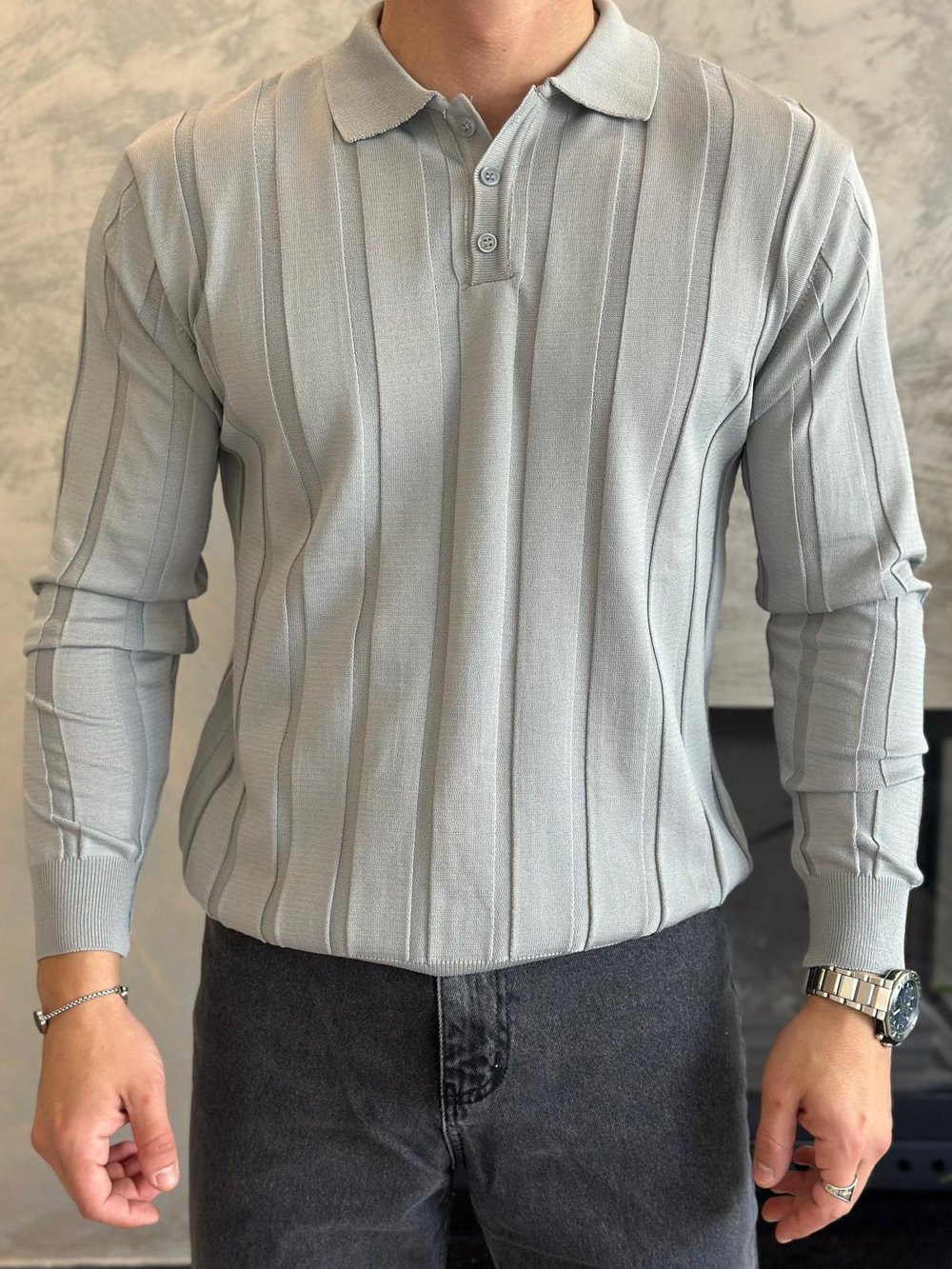 Erkek Regular Fit Yarım Fermuarlı  Fitilli Triko Kazak Gri Eca047