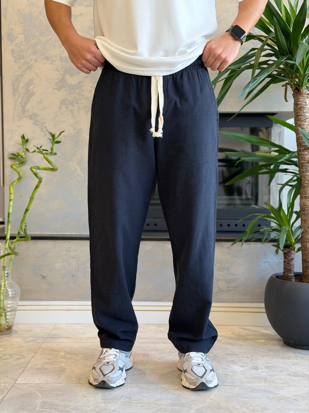 Erkek Relaxed Fit Beli Lastik ve Bağcıklı Keten Pantolon Lacivert Eca062