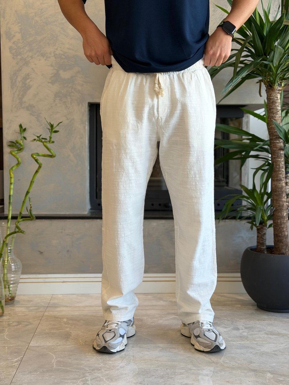 Erkek Relaxed Fit Beli Lastik ve Bağcıklı Keten Pantolon Beyaz Eca062